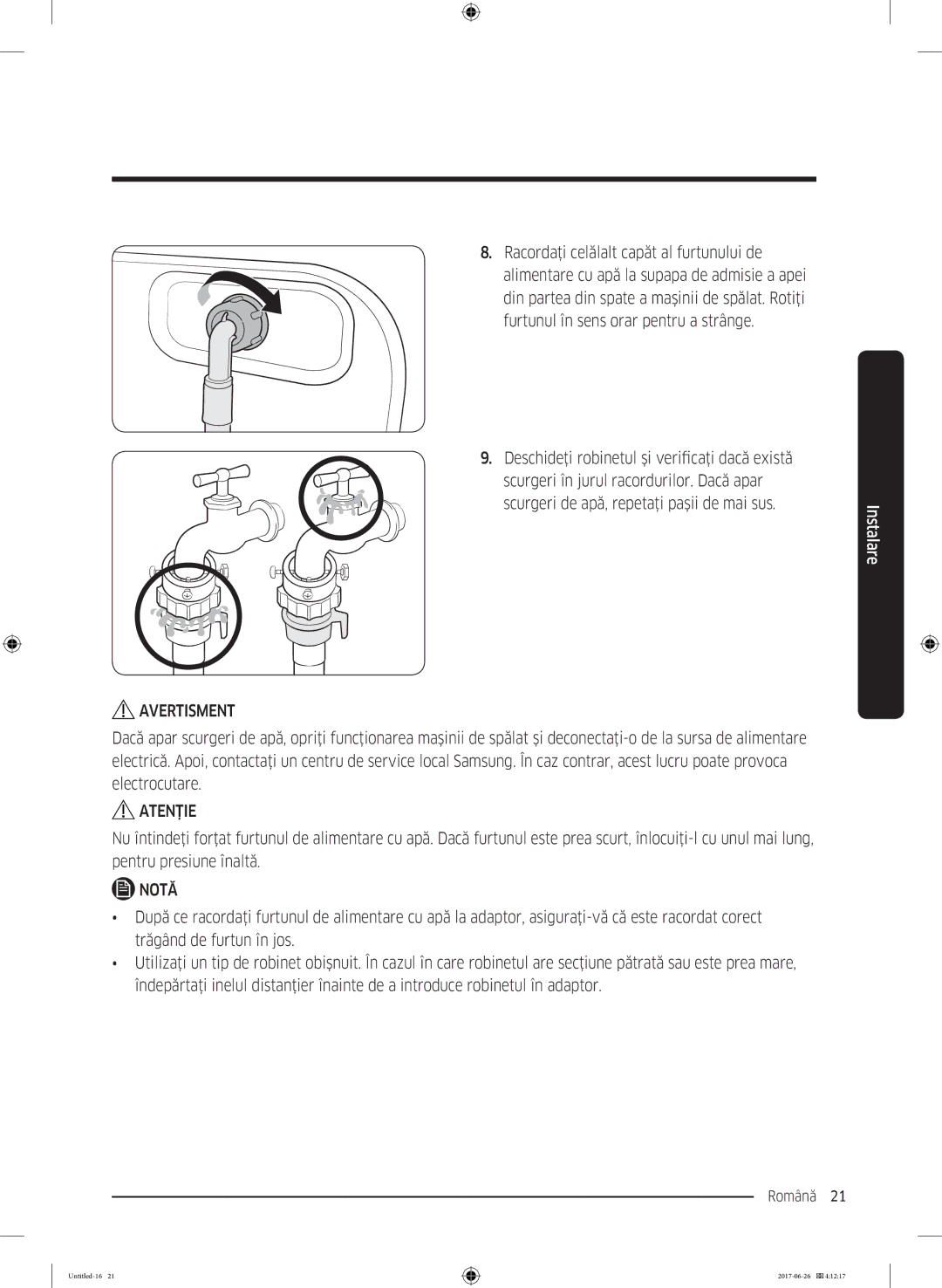 Samsung WW80J5446FX/LE, WW70J5446FX/LE, WW70J5246FW/LE, WW70J5246FX/LE manual Română 21  